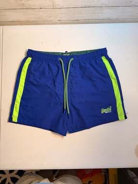 Superdry Beach Volley Large Swim Shorts Royal Blue Colorblock Neon Stripe